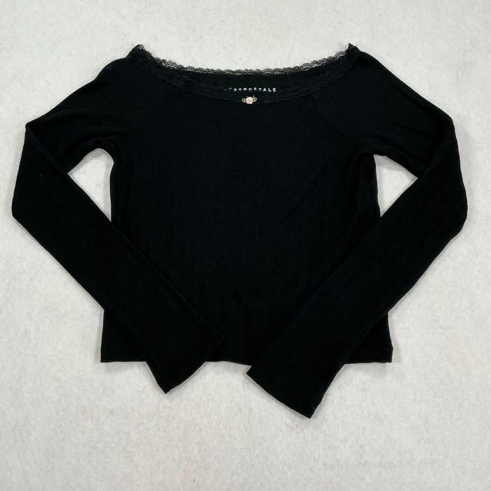 Aeropostale Womens XS Black Ribbed Lace‎ Trim Off Shoulder Long Sleeve Rose Top